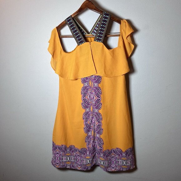 Signature 1 Studio Dress Women’s Size XL Purple & Gold Boho Mini Length Lined - Picture 3 of 8